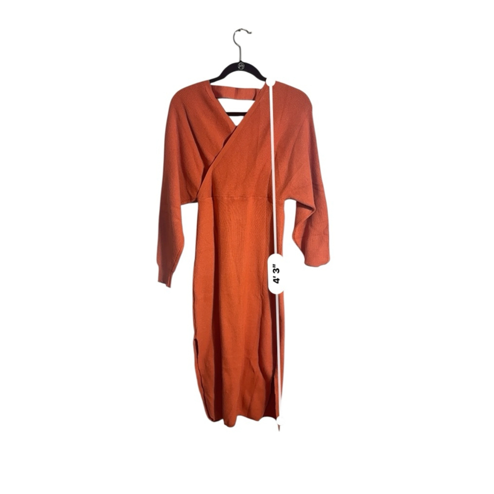 Size L Long Sleeve Ribbed Fall Winter Long Sleeve Wrap Midi Dress Burnt Orange - Picture 4 of 7
